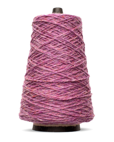 Cone of cool-toned pink yarn 